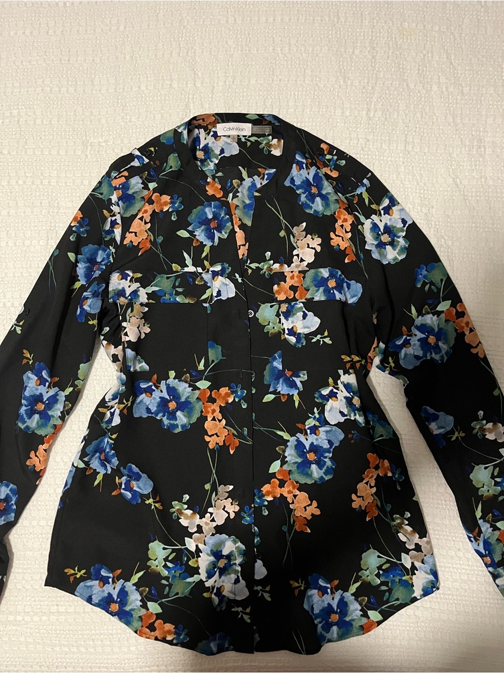 Calvin Klein Black Floral Button-Down Shirt with Blue & Orange Blooms